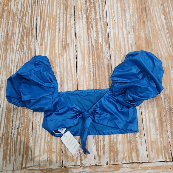 NWT Agua Bendita Calista Blue Shimmer Puff-Sleeve Bikini‎ Crop Top 3XL - Picture 4 of 5